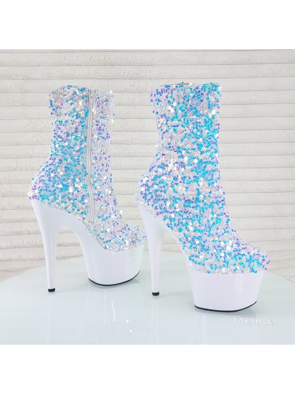 White Ice Multi Sequin Platform 7" Heels Ankle Boots Adore 1042 - Picture 3 of 8